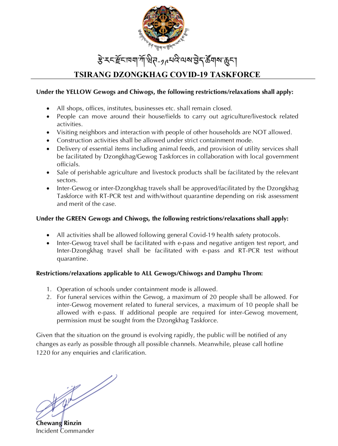 Notification on  colour-coding and phase-wise relaxation of lockdown in Tsirang Dzongkhag.
